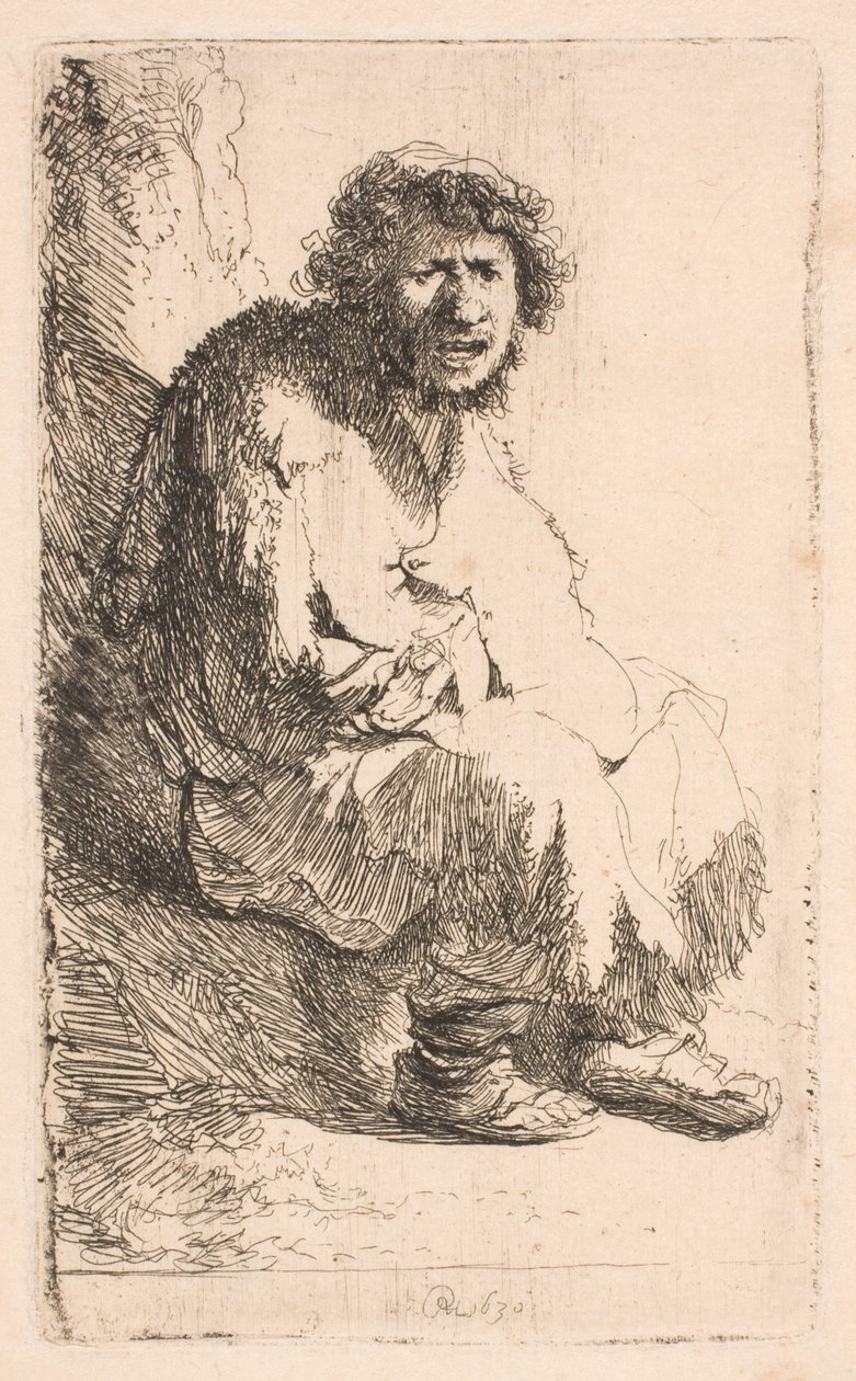 En tigger som sitter på en benk av Rembrandt van Rijn