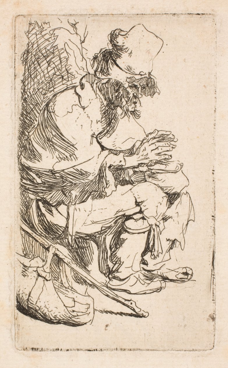 En tigger som sitter og varmer hendene ved en varmeskål av Rembrandt van Rijn