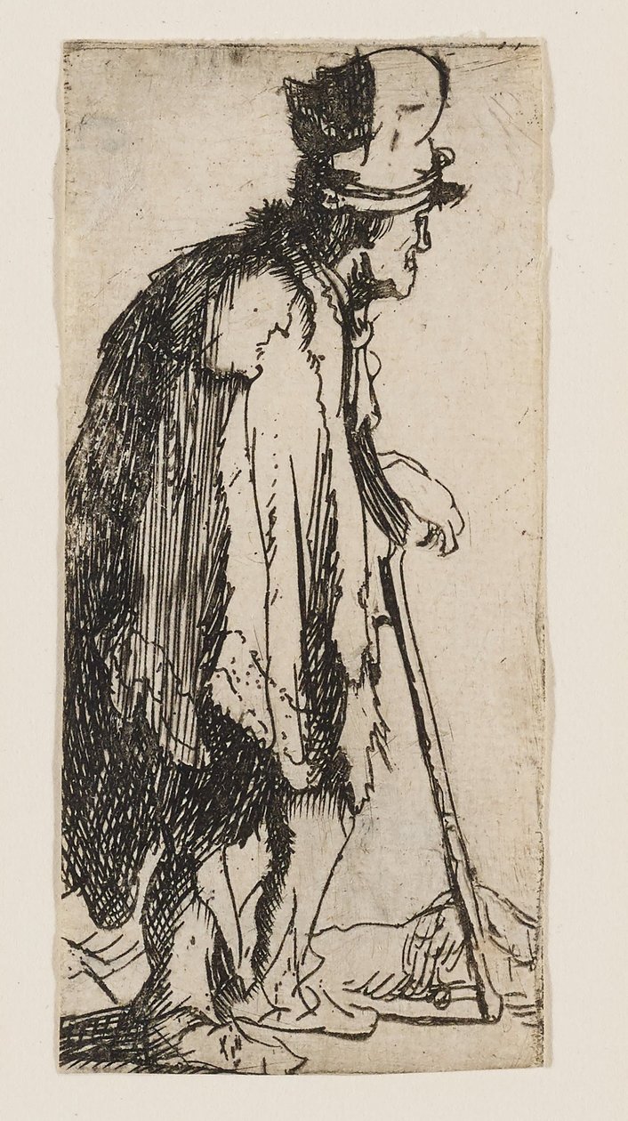 Tigger med en lam hånd som støtter seg på en stokk av Rembrandt van Rijn