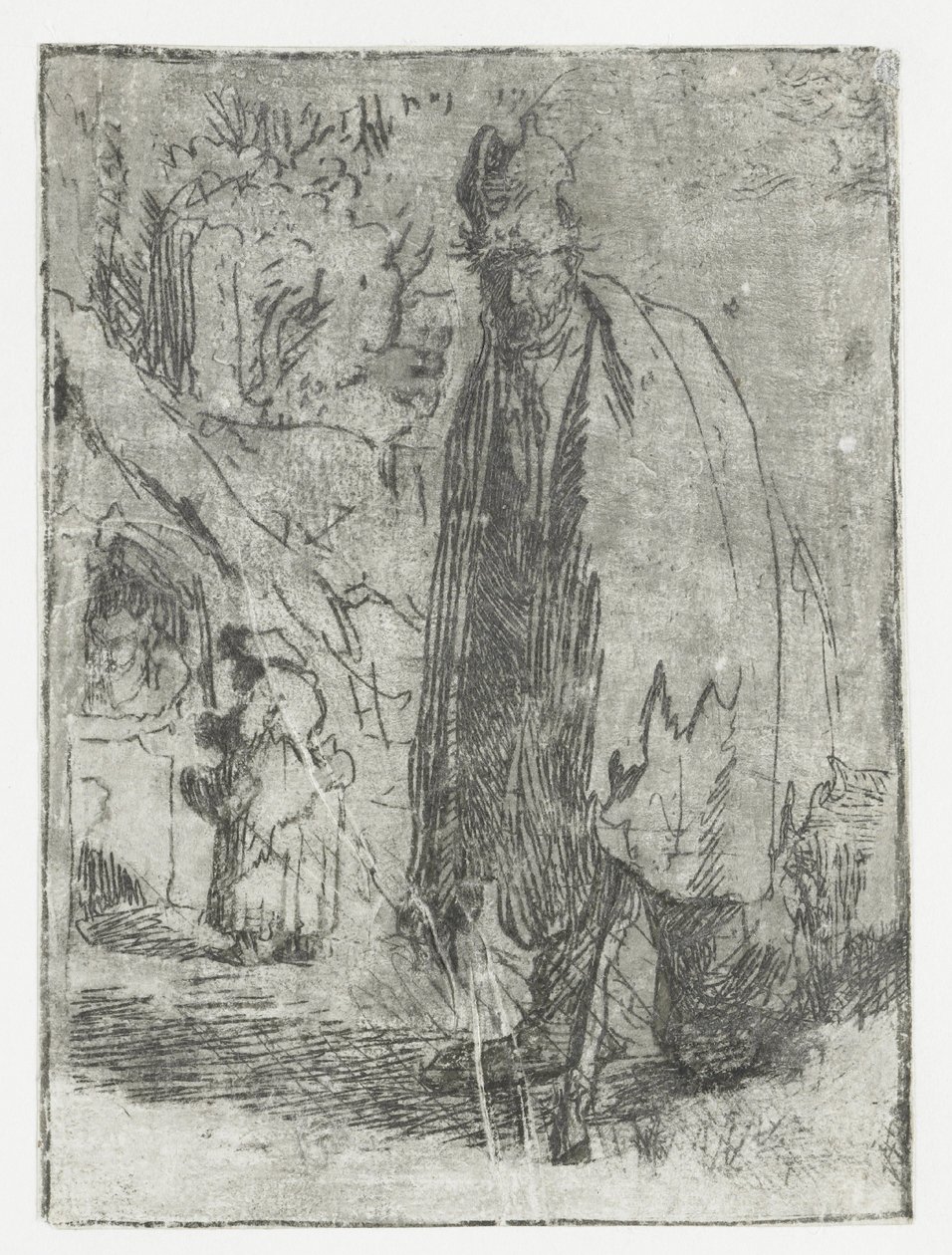 Tigger med en hytte og to figurer i bakgrunnen av Rembrandt van Rijn