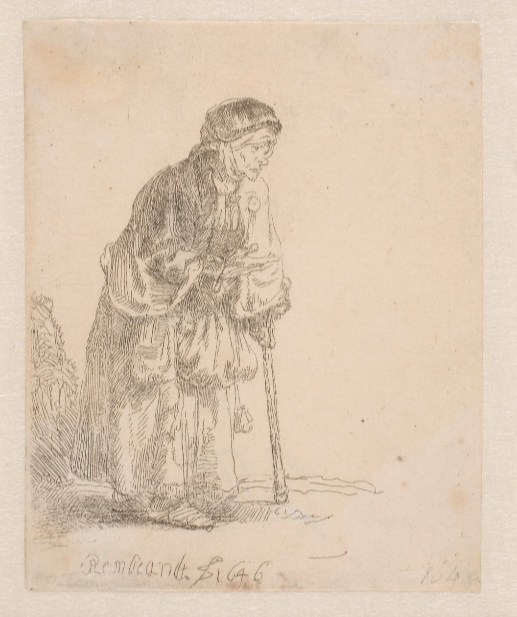 En tiggerkvinne som støtter seg på en stokk av Rembrandt van Rijn