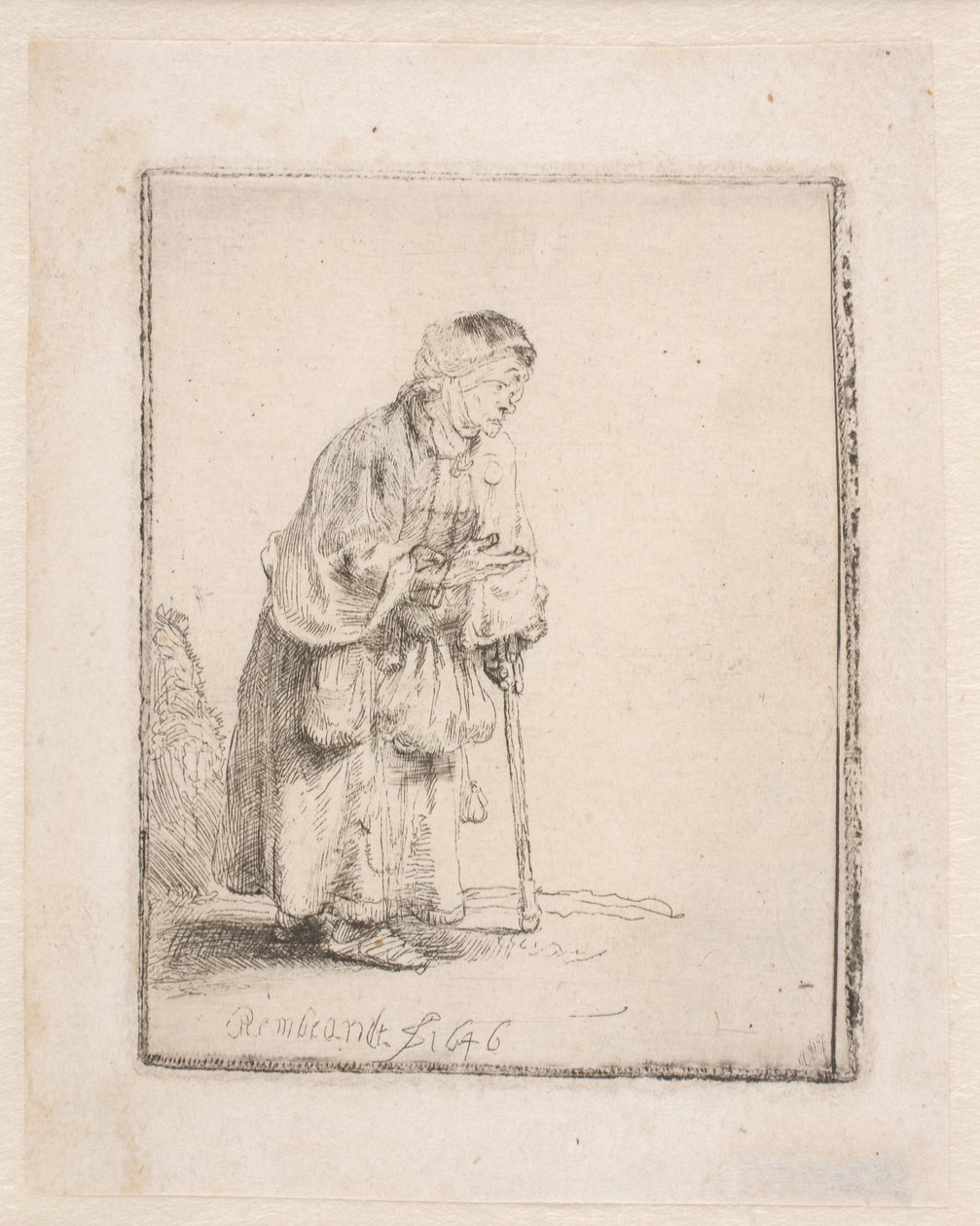 En tiggerkvinne som støtter seg på en stokk av Rembrandt van Rijn