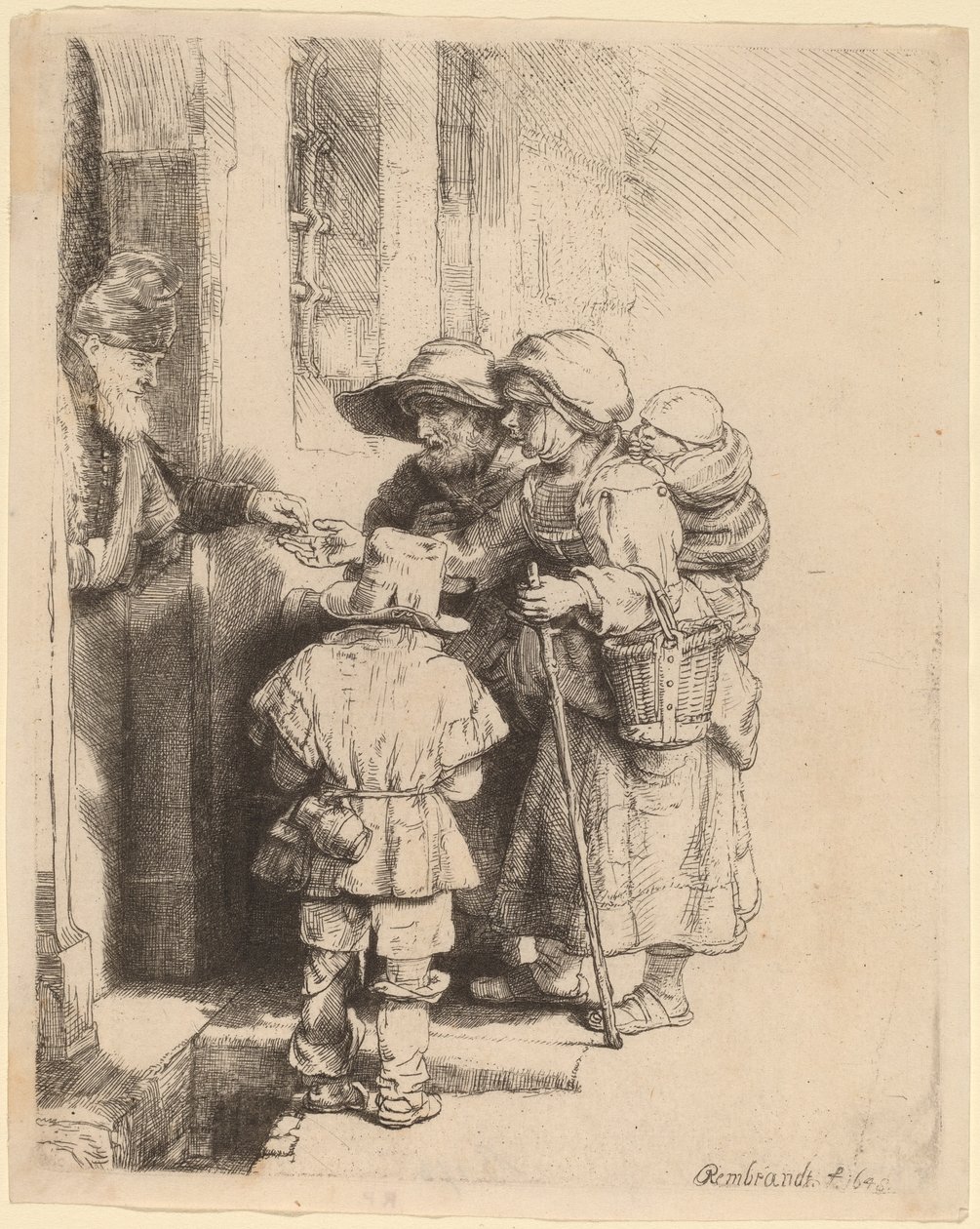 Tiggere som mottar almisser ved døren til et hus av Rembrandt van Rijn