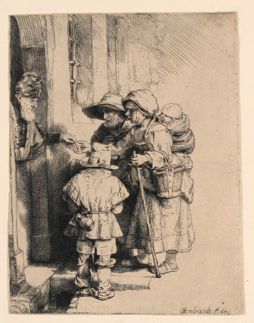 Tiggere som mottar almisser ved døren til et hus av Rembrandt van Rijn