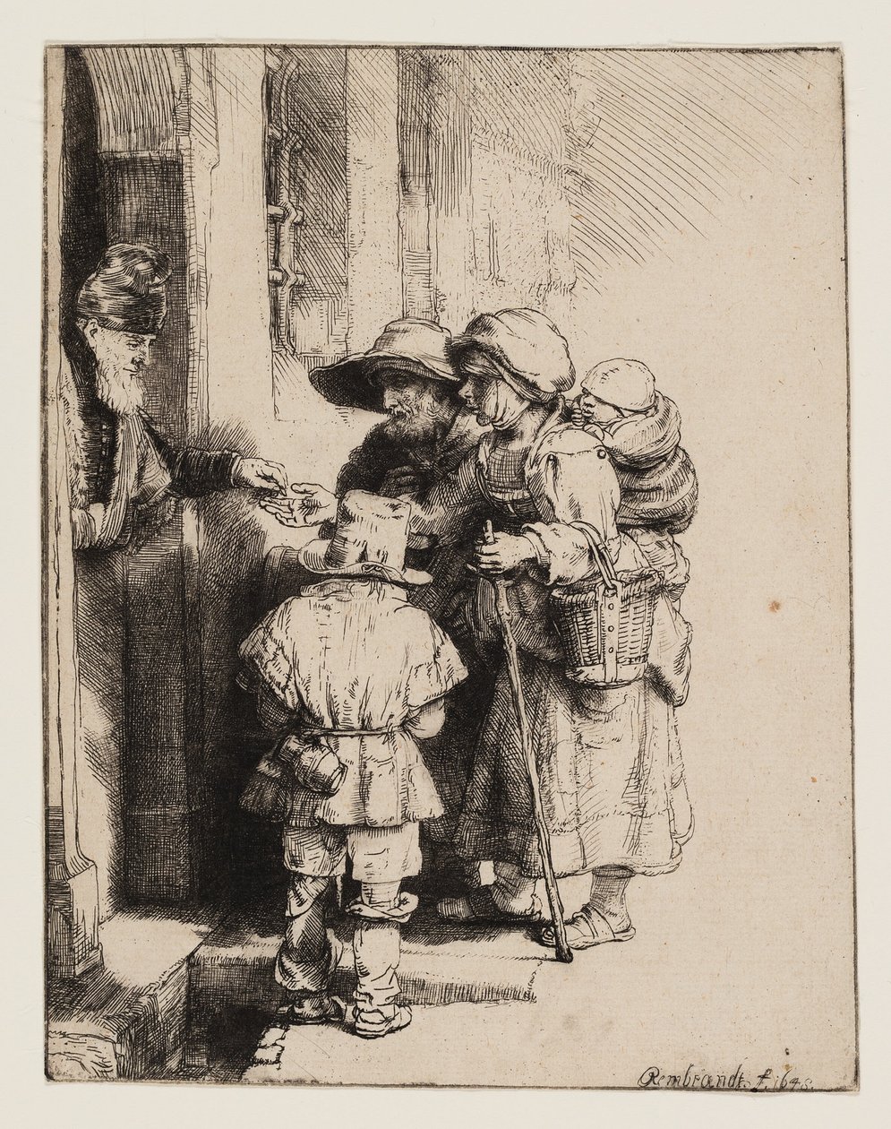 Tiggere som mottar almisser ved døren til et hus av Rembrandt van Rijn