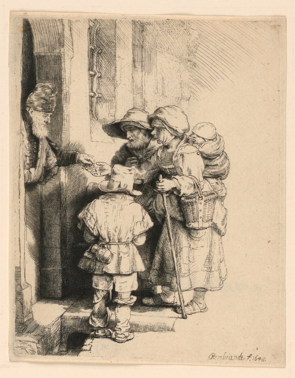 Tiggere som mottar almisser ved døren til et hus av Rembrandt van Rijn
