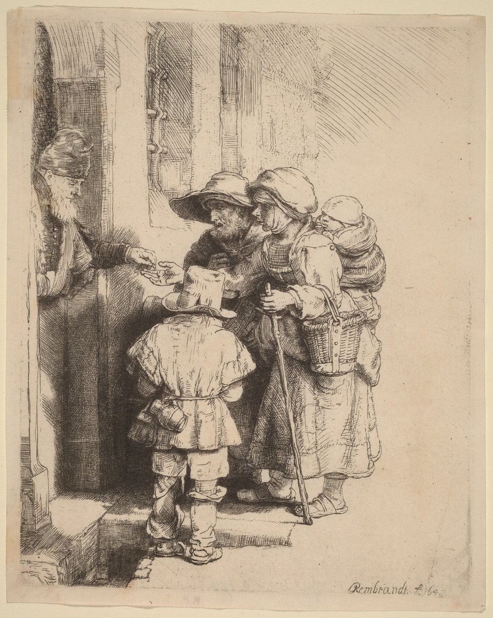 Tiggere som mottar almisser ved døren til et hus av Rembrandt van Rijn