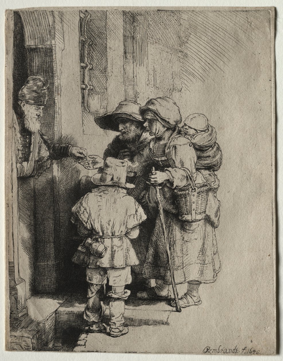 Tiggere som mottar almisser ved døren til et hus, 1648. av Rembrandt van Rijn