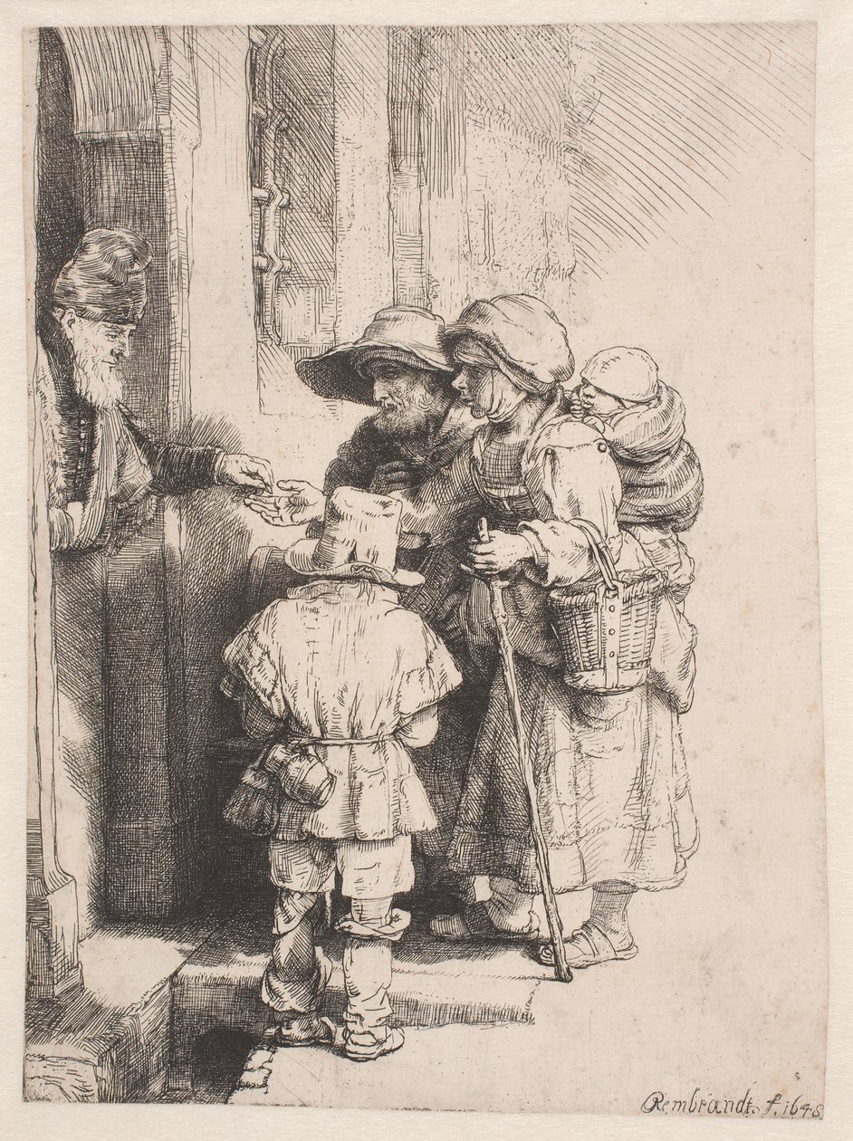 Tiggere som mottar almisser ved døren til et hus av Rembrandt van Rijn