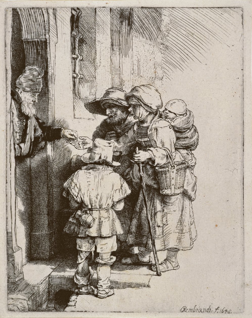 Tiggere som mottar almisser ved døren til et hus, 1648 (tørrpunktgravering) av Rembrandt van Rijn