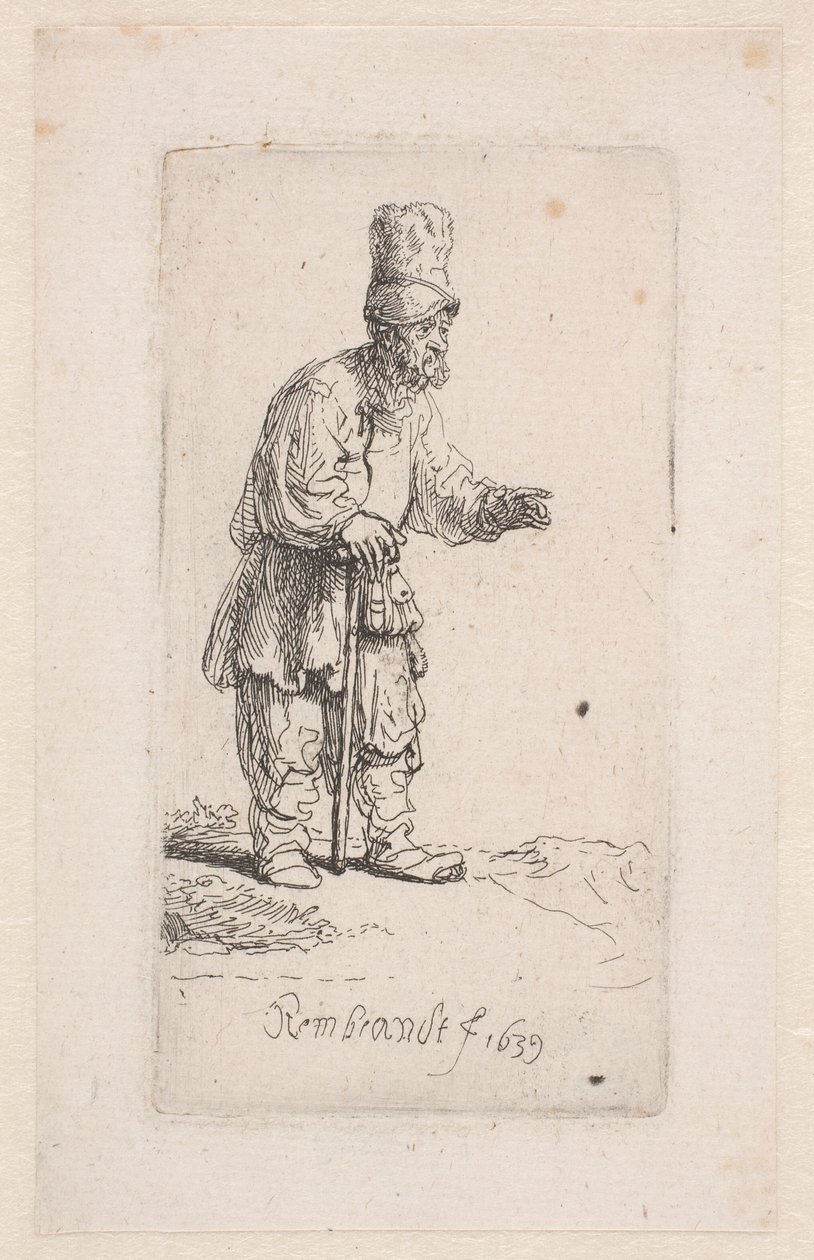 Bonde lener seg på en pinne av Rembrandt van Rijn