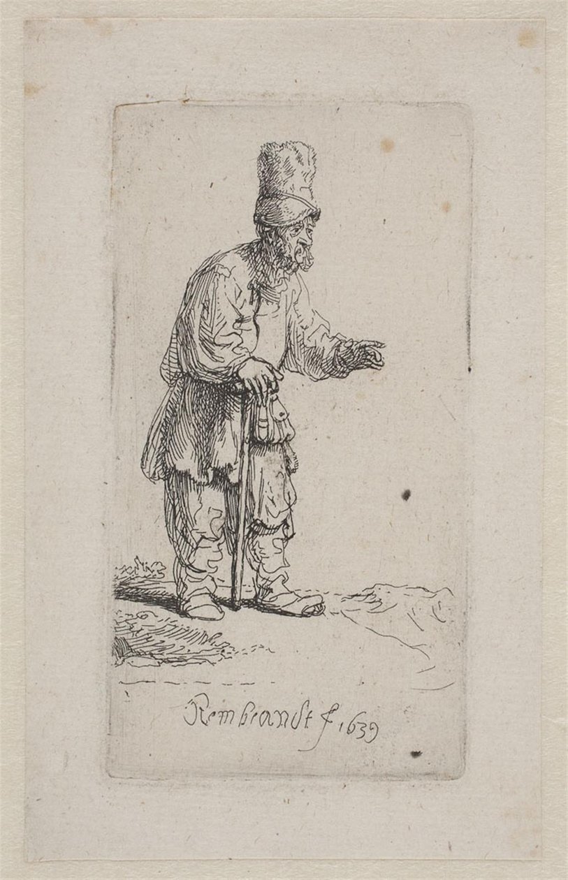 Bonde lener seg på en pinne av Rembrandt van Rijn