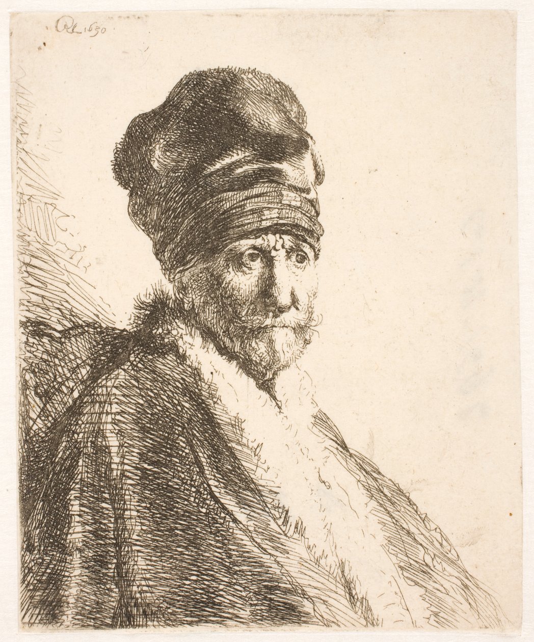 Byste av en mann (Rembrandts far) med høy lue, trekvartprofil av Rembrandt van Rijn