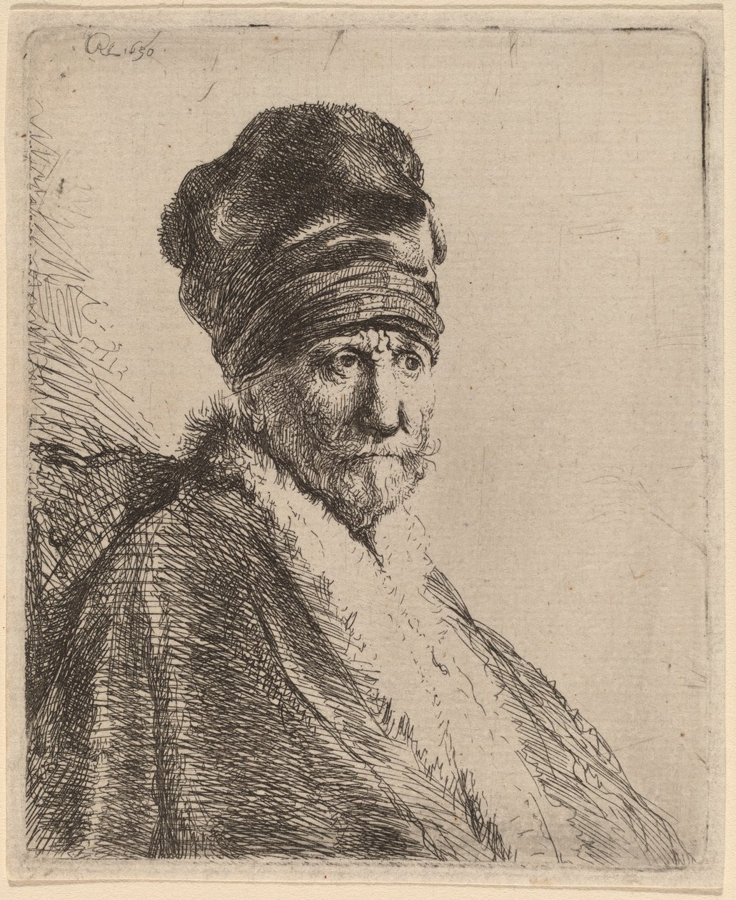 Byste av en mann med høy caps, tre fjerdedeler høyre (kunstnerens far?) av Rembrandt van Rijn