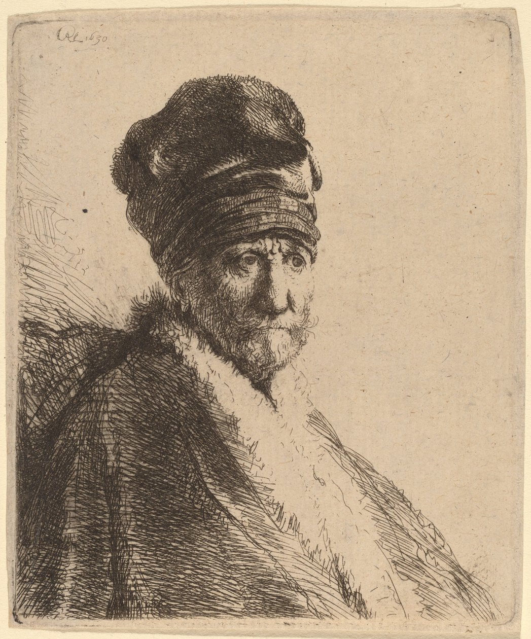 Byste av en mann med høy caps, tre fjerdedeler høyre (kunstnerens far?) av Rembrandt van Rijn