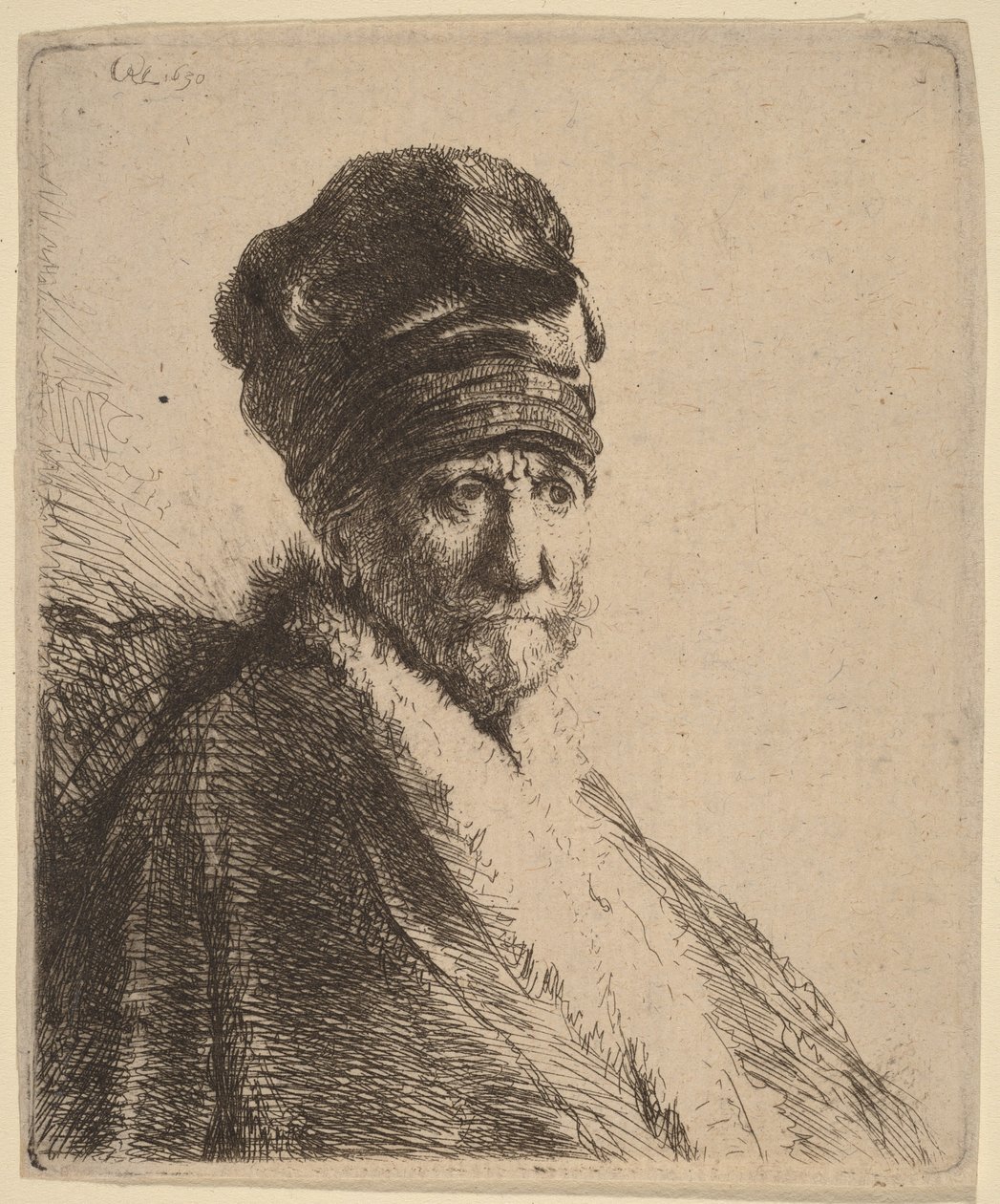 Byste av en mann med høy lue, sett i trekvartprofil mot høyre (kunstnerens far) av Rembrandt van Rijn