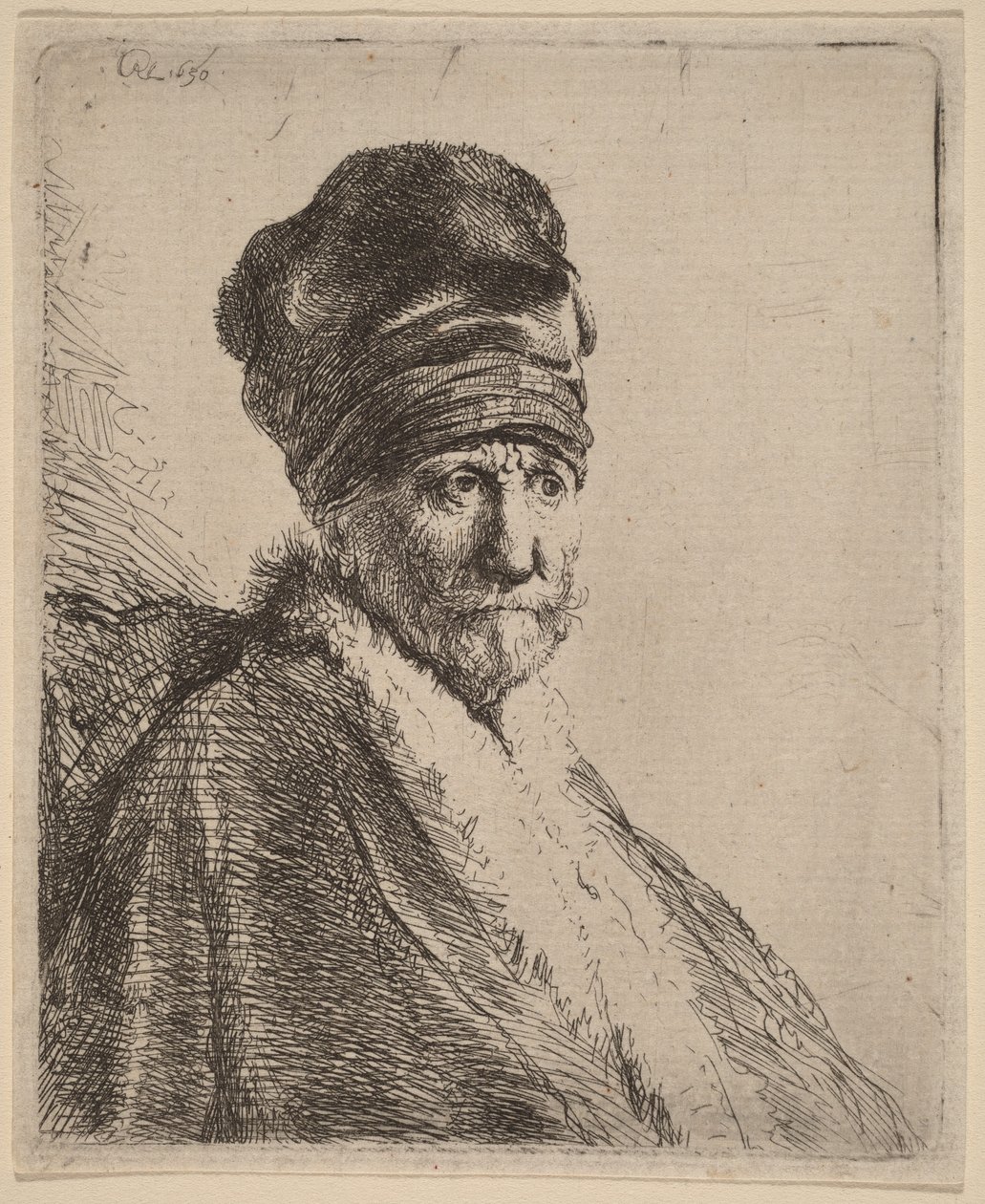 Byste av en mann med høy lue, sett i trekvartprofil mot høyre (kunstnerens far) av Rembrandt van Rijn