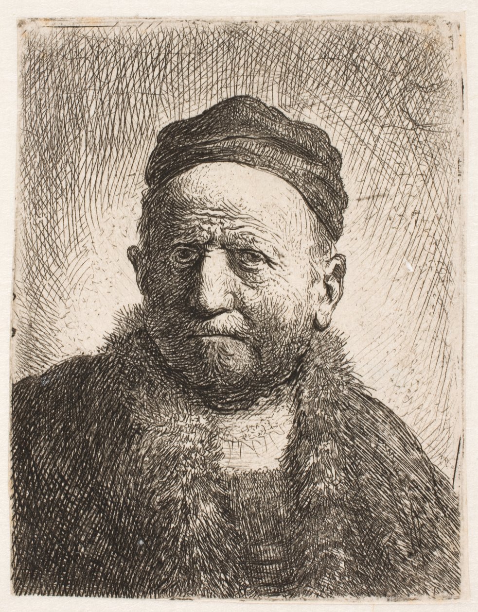 Byste av en mann (Rembrandts far) sett forfra, iført en tett sittende lue av Rembrandt van Rijn