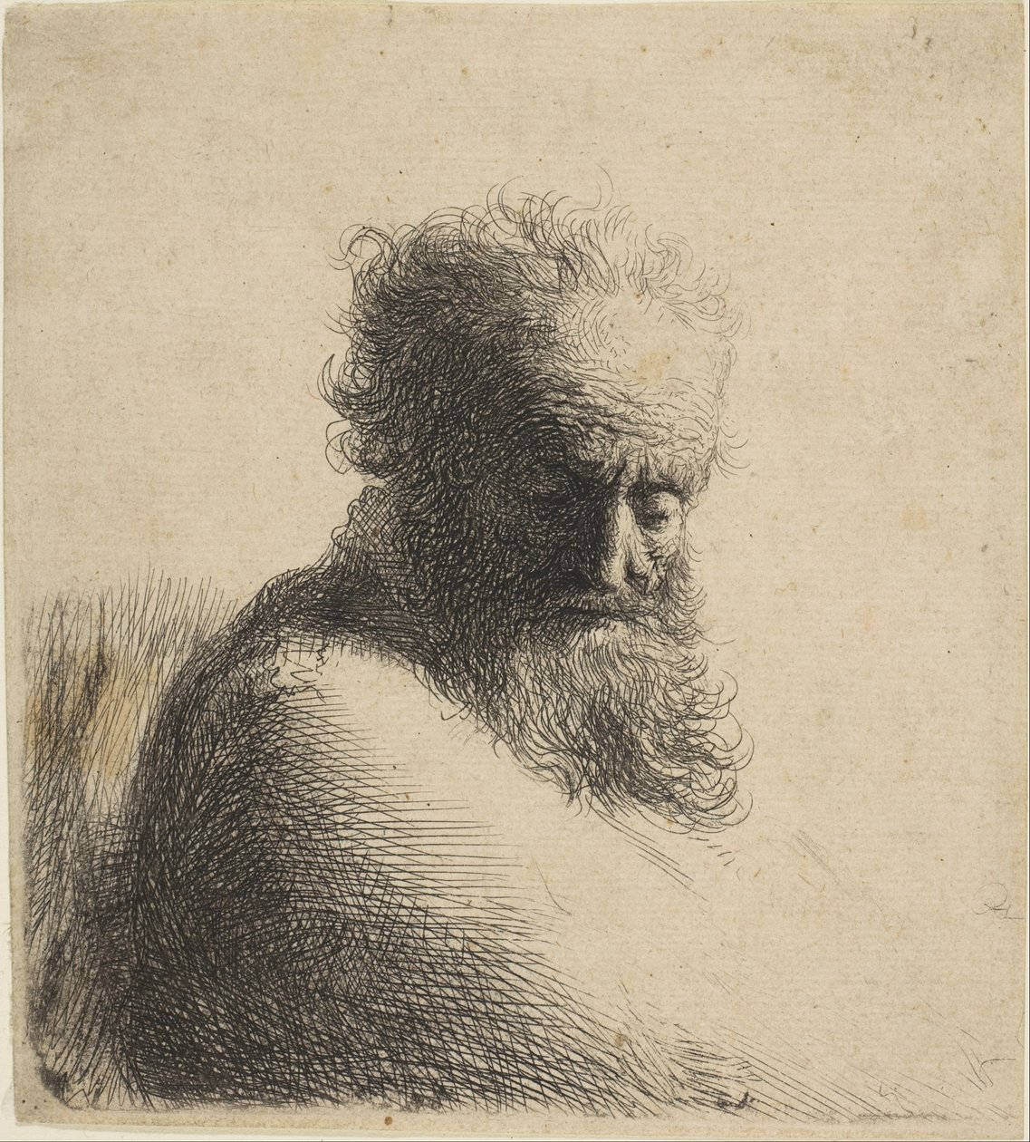 Byste av en gammel skjeggete mann som ser ned, trekvart høyre, 1631. av Rembrandt van Rijn