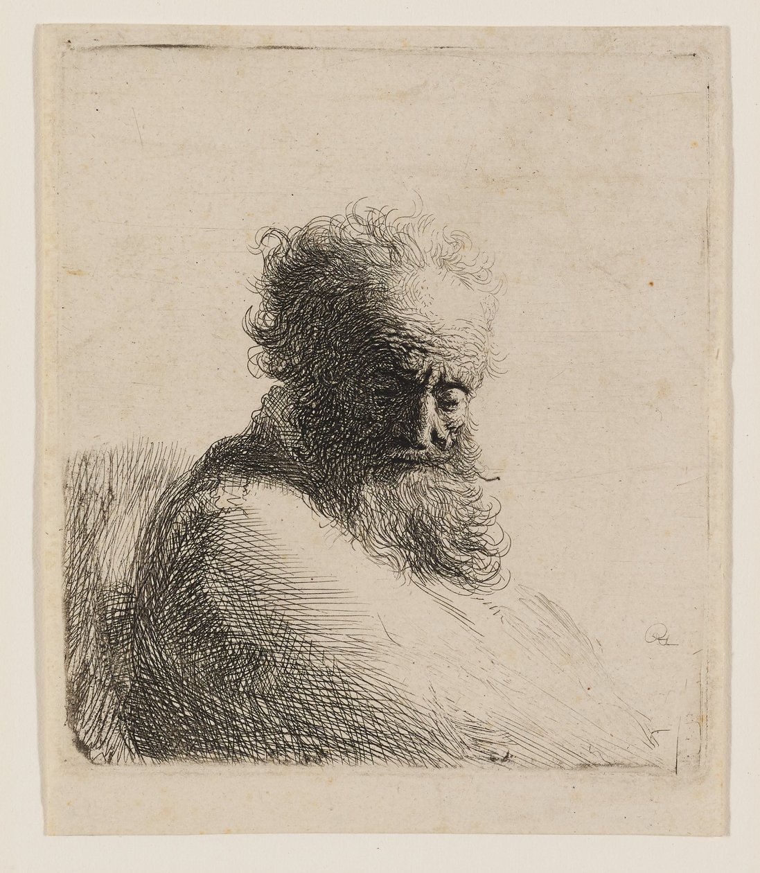 Byste av en gammel, skjegget mann som ser ned, i trekvartprofil mot høyre av Rembrandt van Rijn