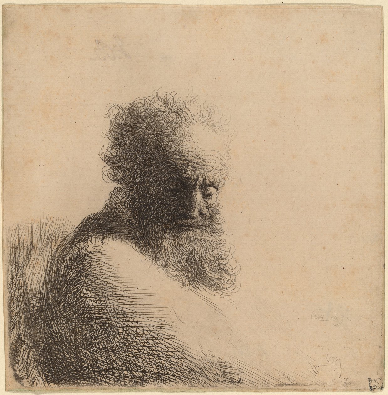 Byste av en gammel skjeggete mann, ser ned, tre fjerdedeler høyre av Rembrandt van Rijn