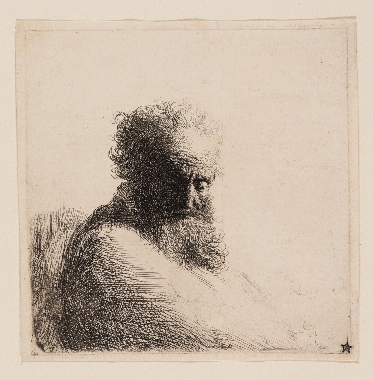 Byste av en gammel skjeggete mann, ser ned, tre fjerdedeler høyre av Rembrandt van Rijn
