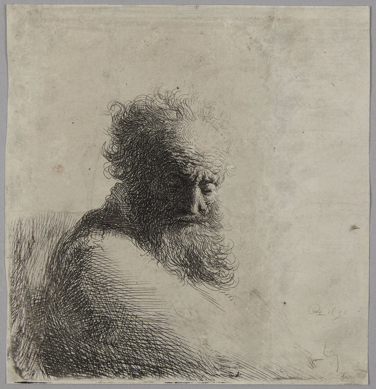 Byste av en gammel mann som ser ned, trekvartprofil mot høyre av Rembrandt van Rijn