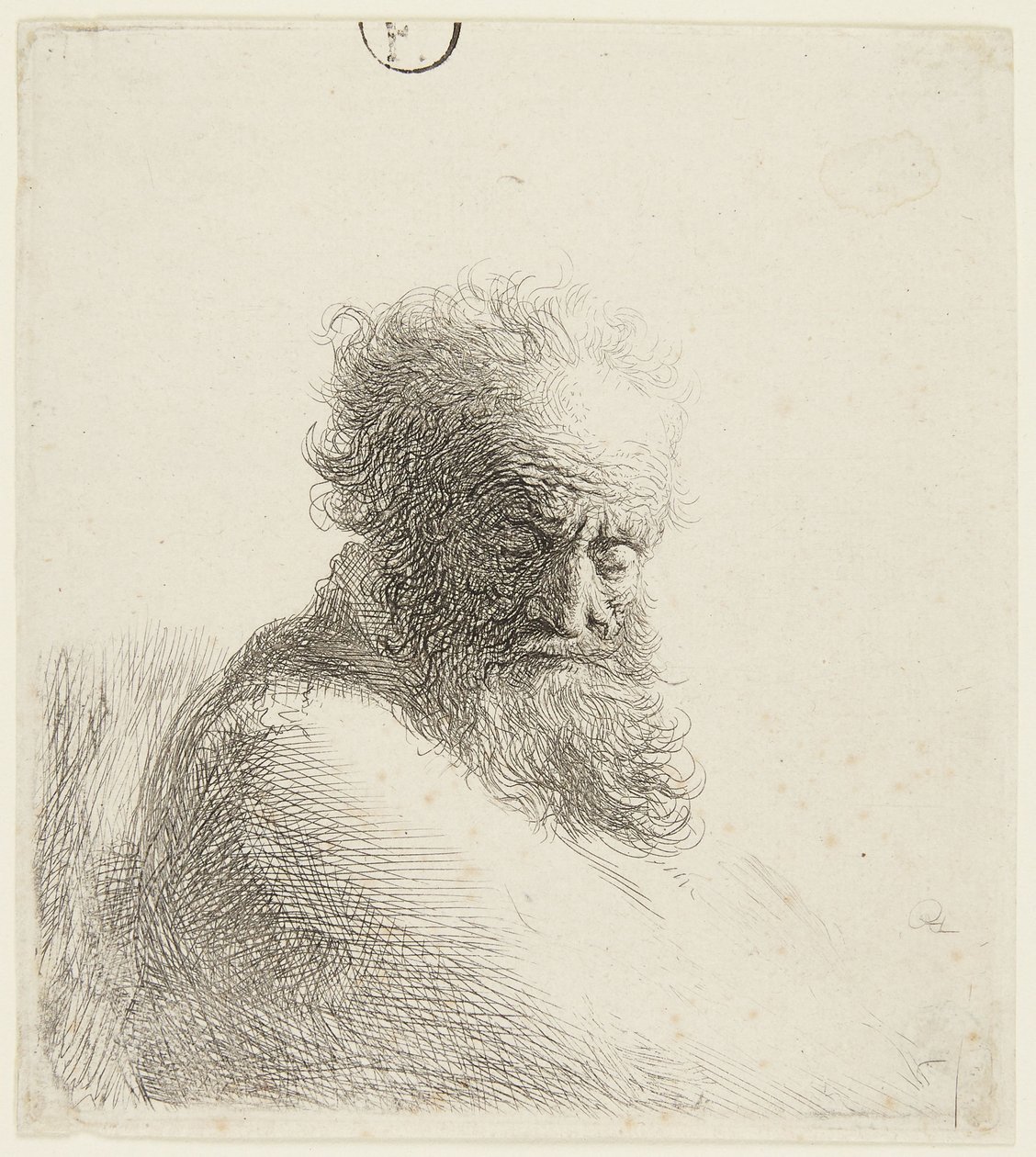 Byste av en gammel mann som ser ned, trekvartprofil mot høyre av Rembrandt van Rijn