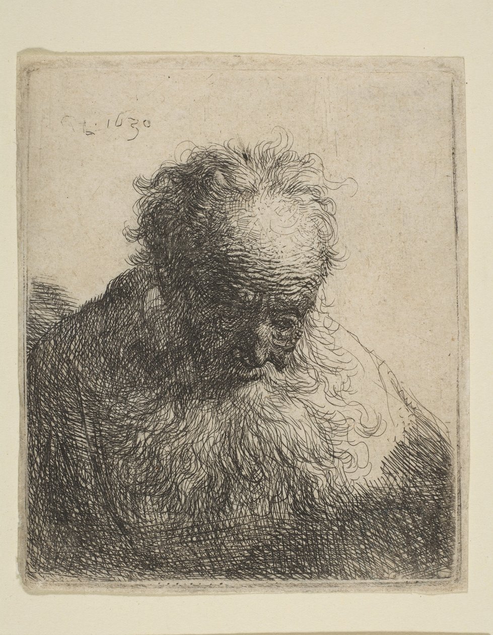 Byste av en gammel mann med flytende skjegg: hodet bøyd forover: venstre skulder uskygget, 1630. av Rembrandt van Rijn