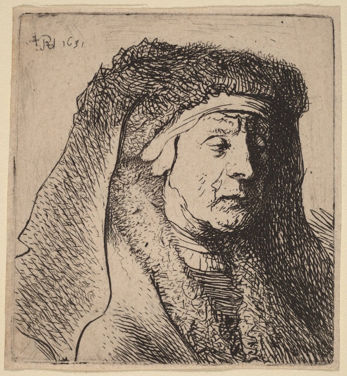 Byste av en gammel kvinne i en pelsmantel og et tungt hodeplagg av Rembrandt van Rijn