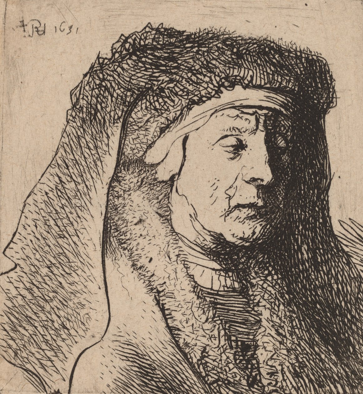 Byste av en gammel kvinne i en pelskappe og kraftig hodeplagg, 1631. av Rembrandt van Rijn