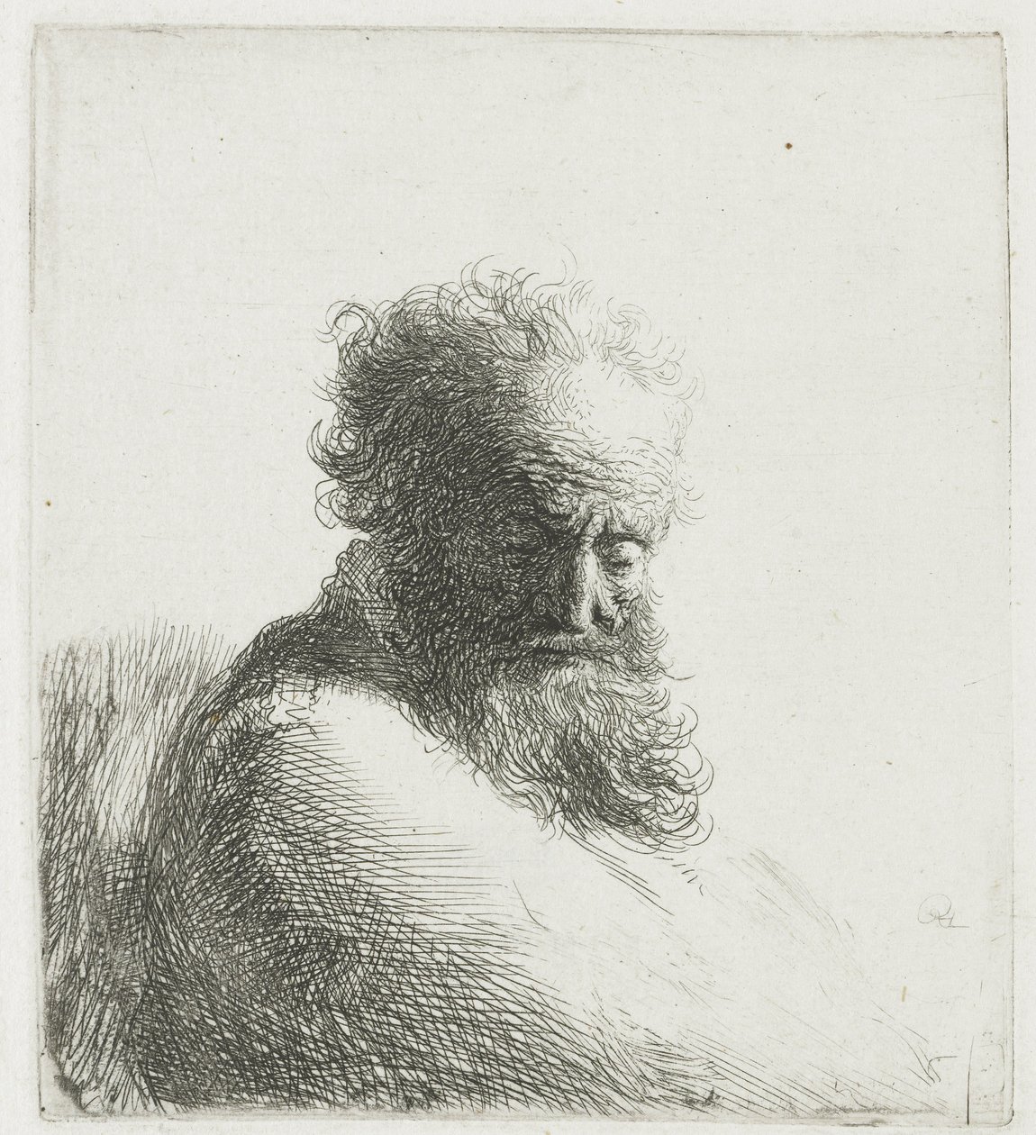 Byste av en gammel skjeggete mann, ser ned, tre kvarter høyre av Rembrandt van Rijn