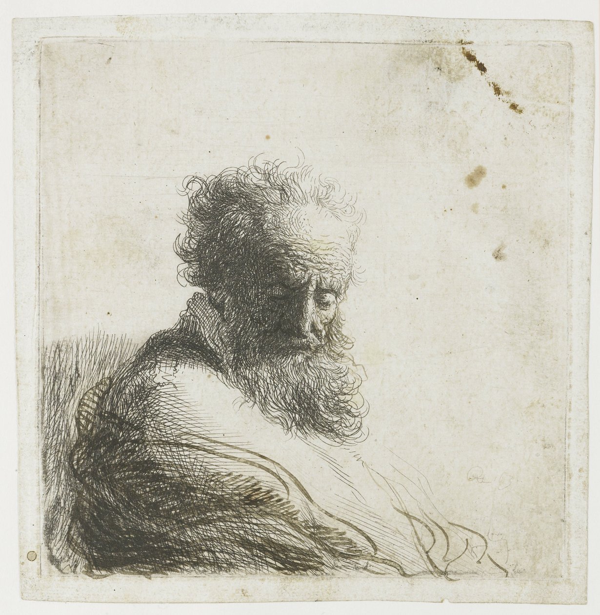 Byste av en gammel skjeggete mann, ser ned, tre kvarter til høyre av Rembrandt van Rijn