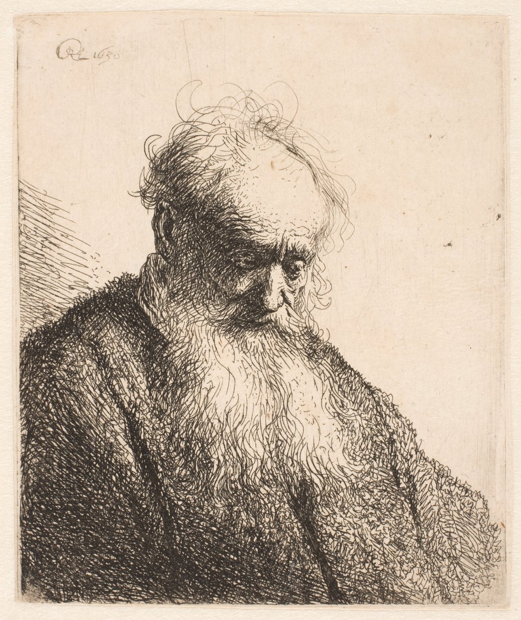 Byste av en gammel mann med langt skjegg: hodet er vendt trekvart mot høyre av Rembrandt van Rijn