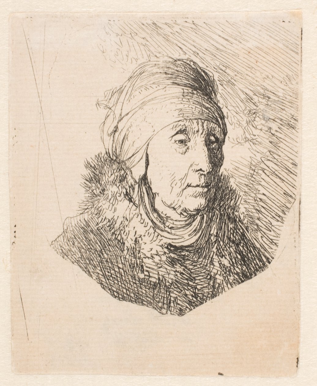 Byste av en gammel kvinne med et høyt hodeplagg som er bundet fast rundt haken av Rembrandt van Rijn