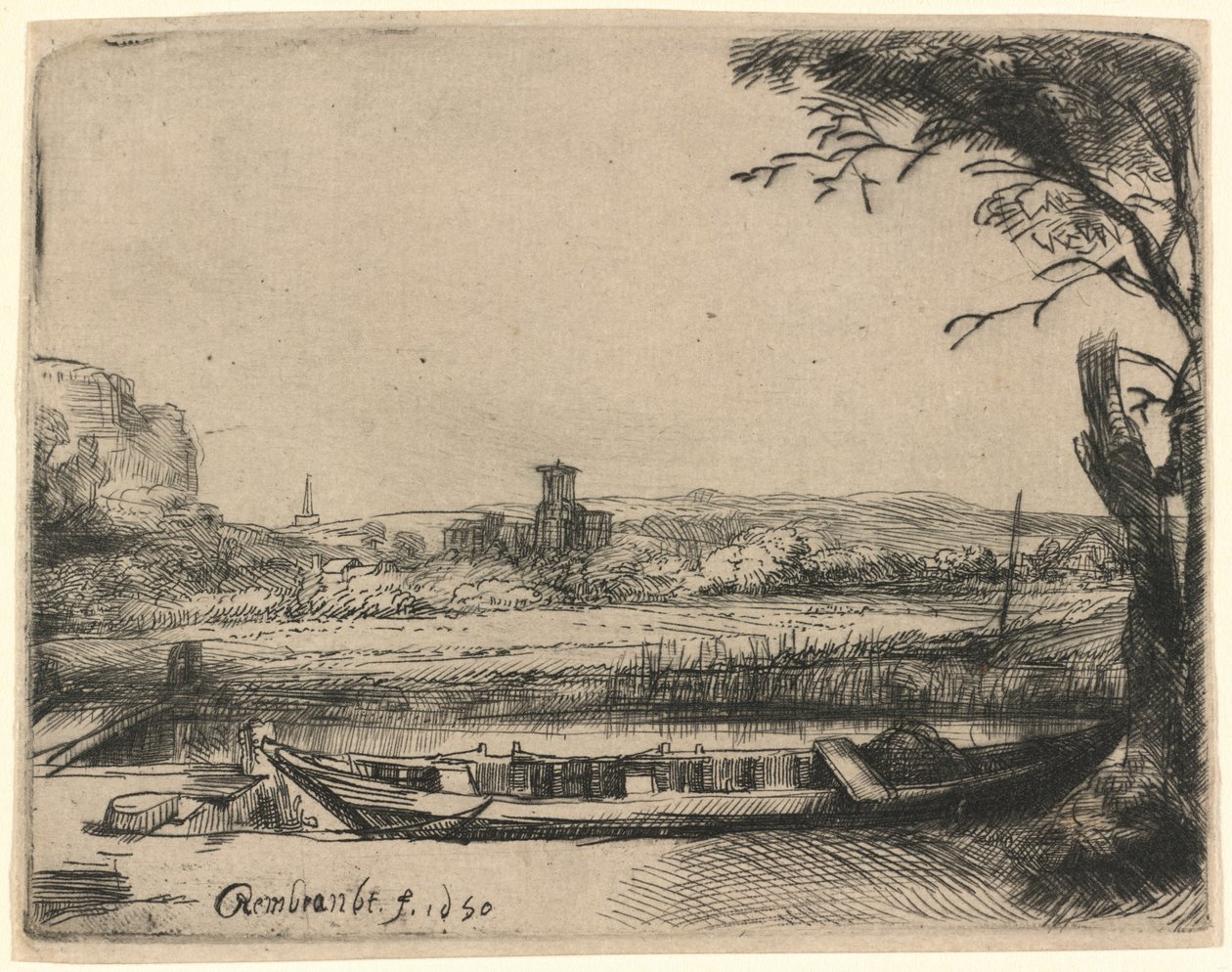 Kanal med en stor båt og en bro av Rembrandt van Rijn