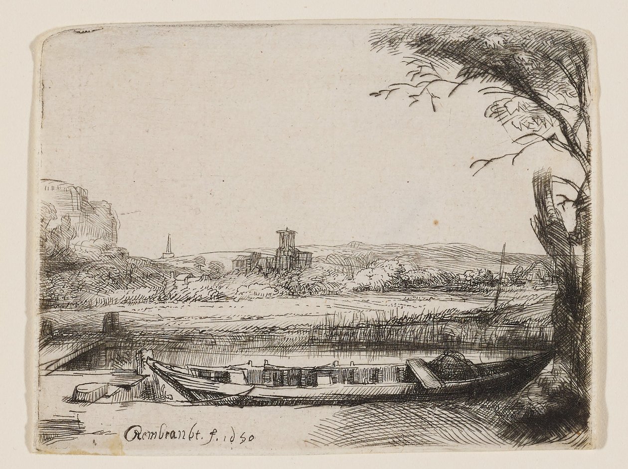 Kanal med en stor båt og en bro av Rembrandt van Rijn