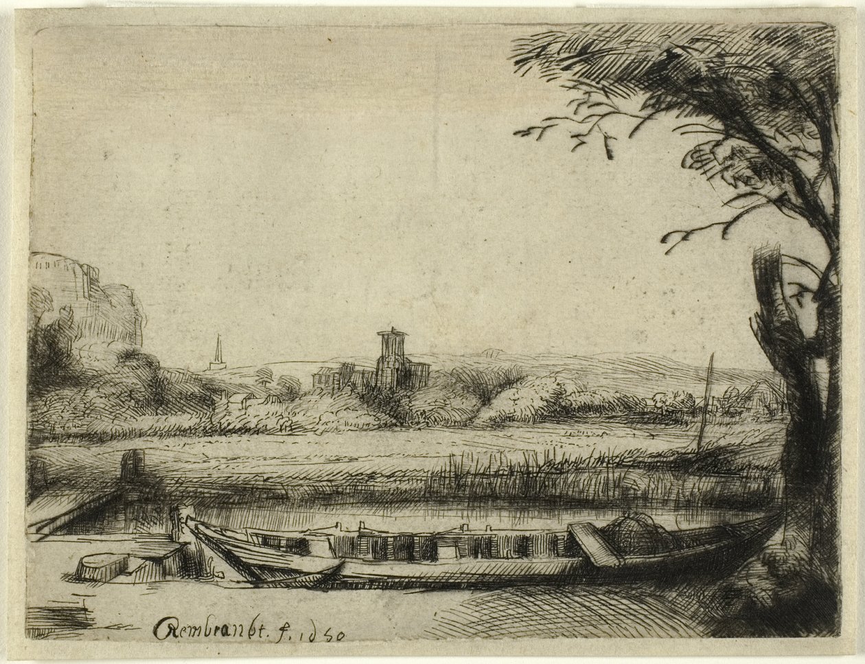 Kanal med en stor båt og en bro av Rembrandt van Rijn