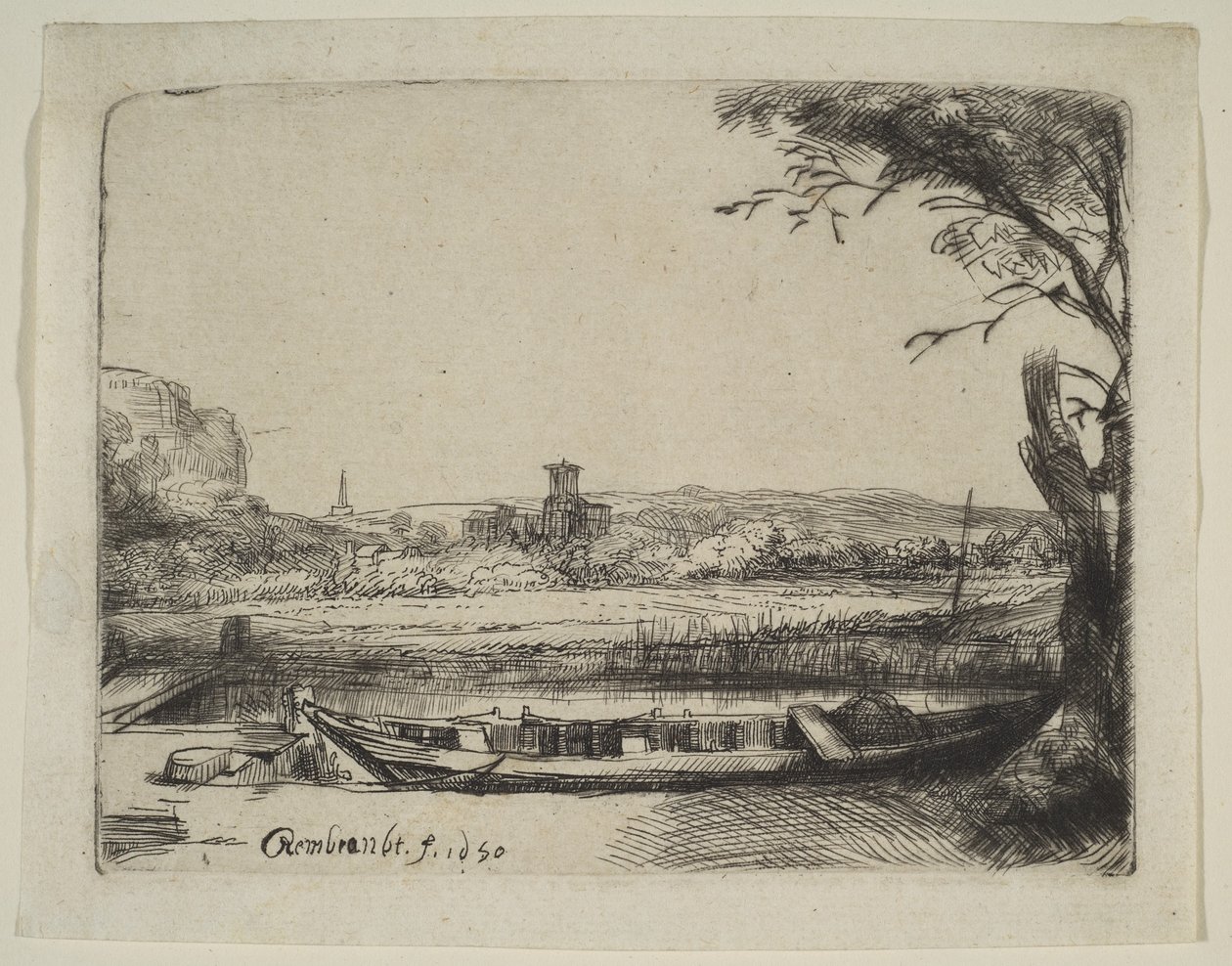Kanal med en stor båt og en bro, 1650. av Rembrandt van Rijn
