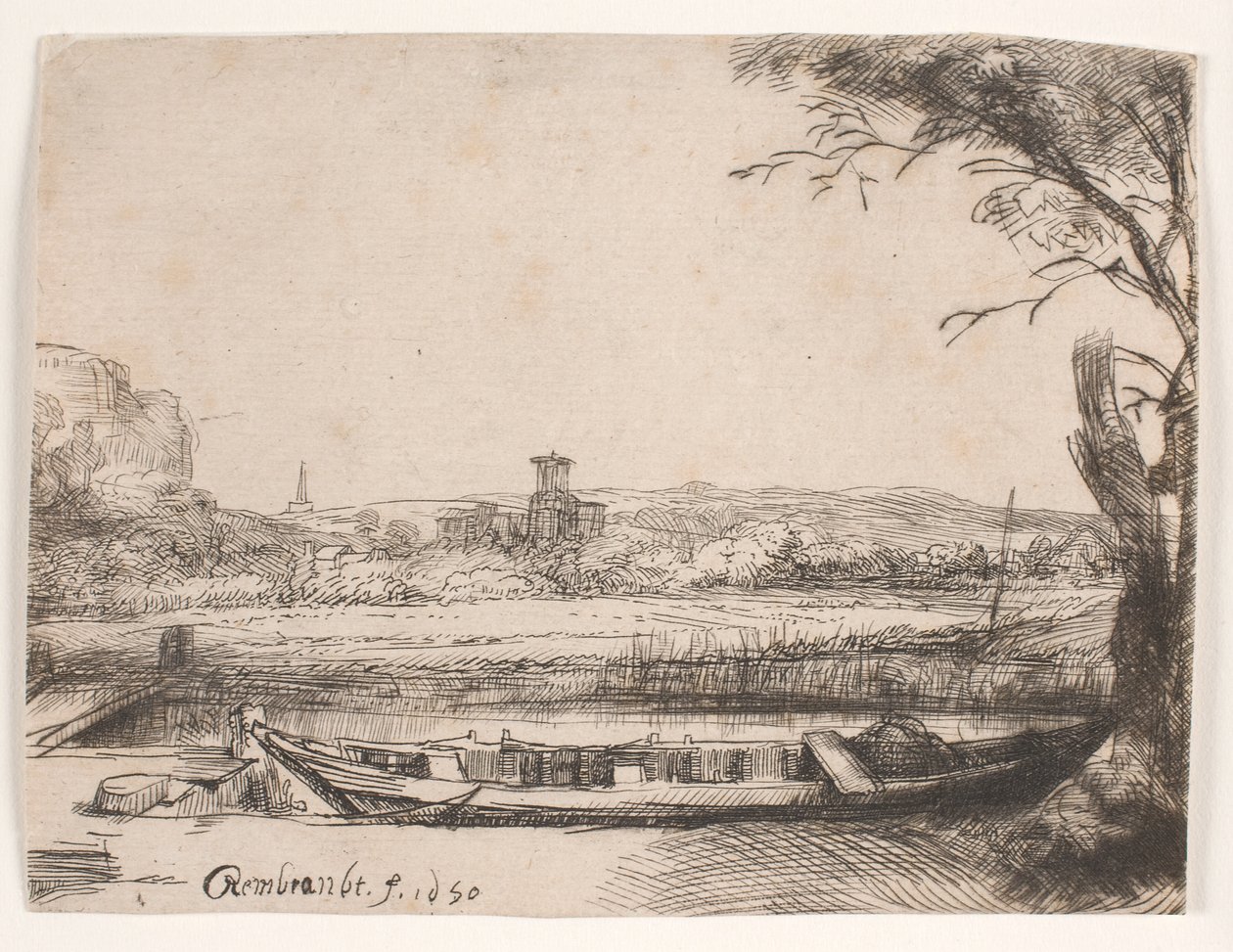 Kanal med en stor båt og en bro av Rembrandt van Rijn
