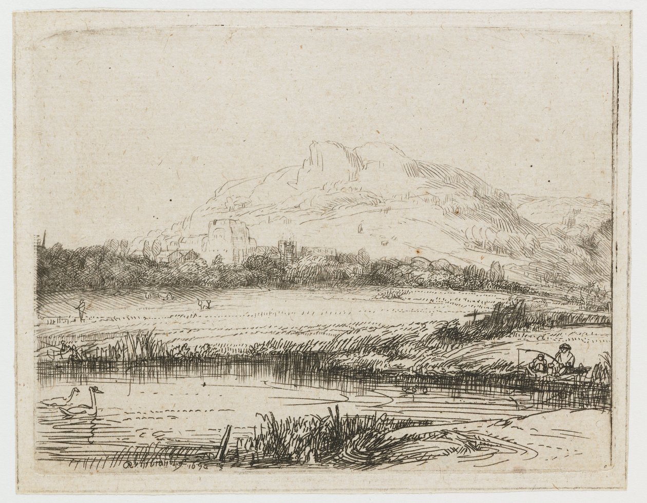 Kanal med fisker og to svaner Kanal med fisker og to svaner av Rembrandt van Rijn
