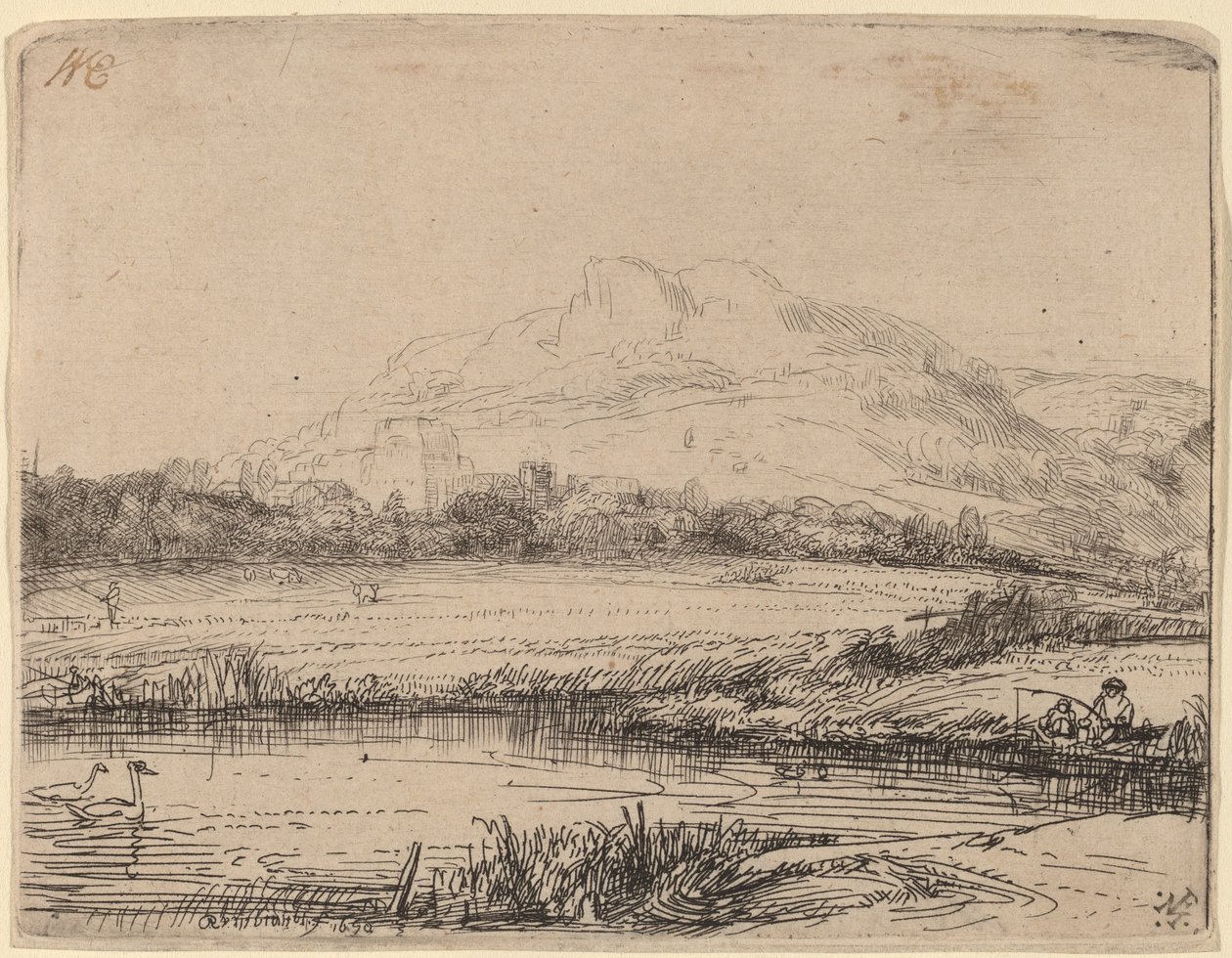Kanal med en fisker og to svaner av Rembrandt van Rijn
