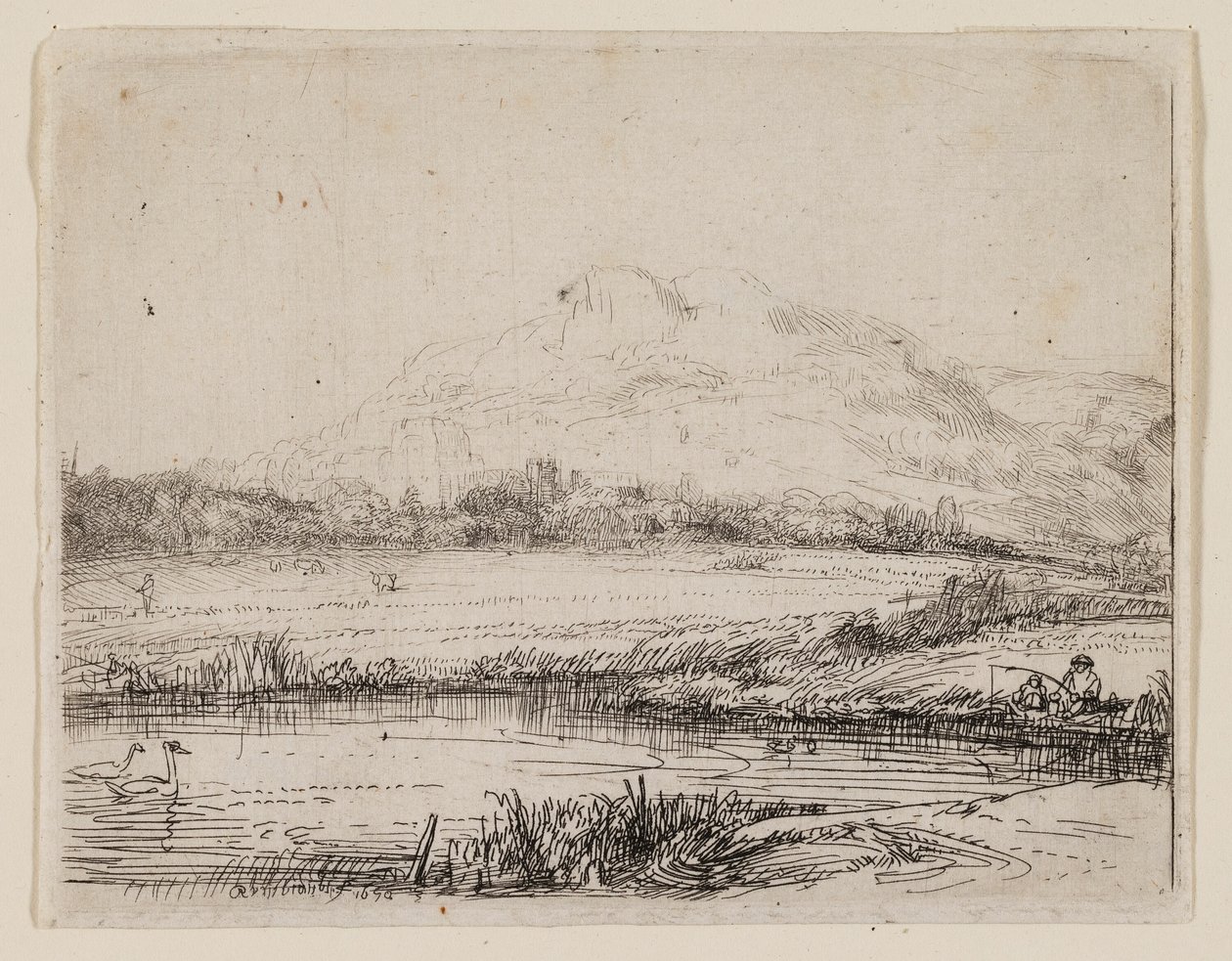 Kanal med en fisker og to svaner av Rembrandt van Rijn