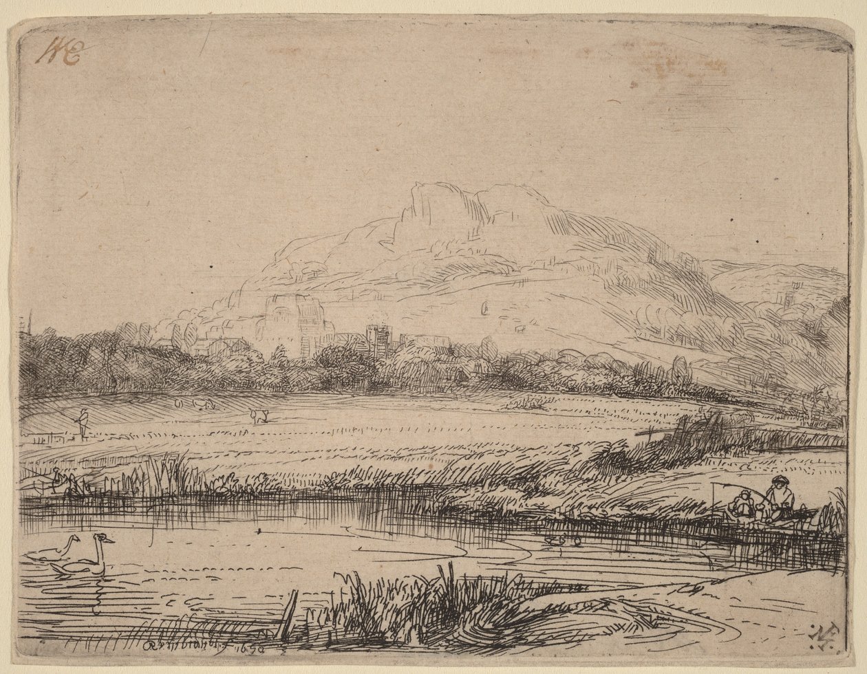 Kanal med en fisker og to svaner av Rembrandt van Rijn