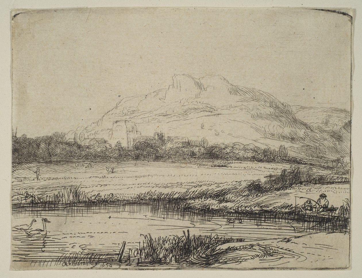 Kanal med en fisker og to svaner, 1650. av Rembrandt van Rijn