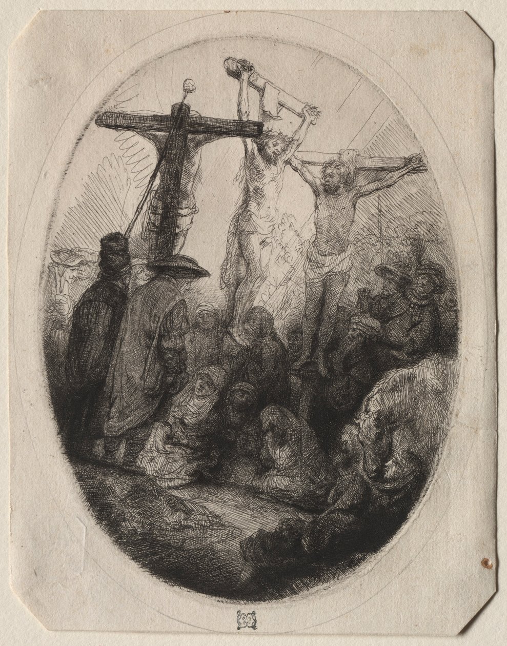 Kristus korsfestet mellom to tyver: En oval plate, ca. 1641. av Rembrandt van Rijn