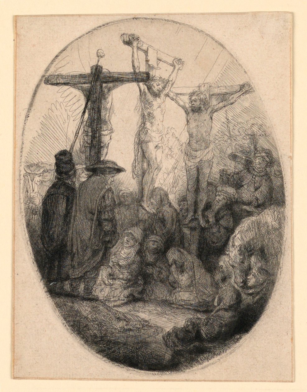 Kristus korsfestet mellom de to tyvene: En oval plate av Rembrandt van Rijn