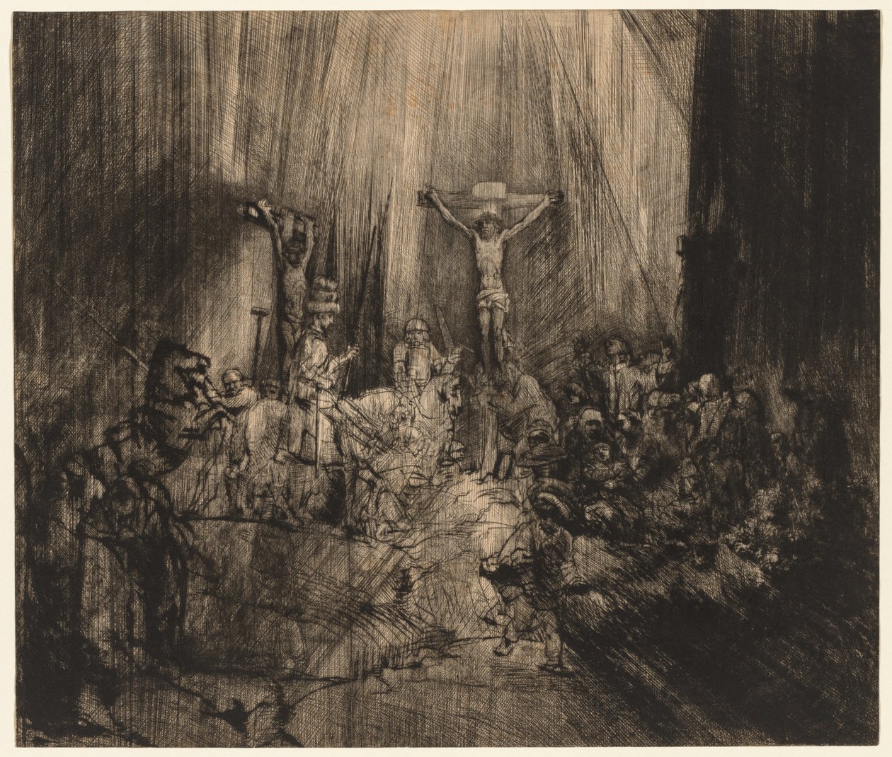 Kristus korsfestet mellom de to tyvene: De tre korsene, 1653- c.1660. av Rembrandt van Rijn