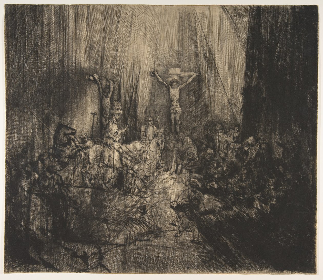Kristus korsfestet mellom de to tyvene: De tre korsene, ca. 1660. av Rembrandt van Rijn