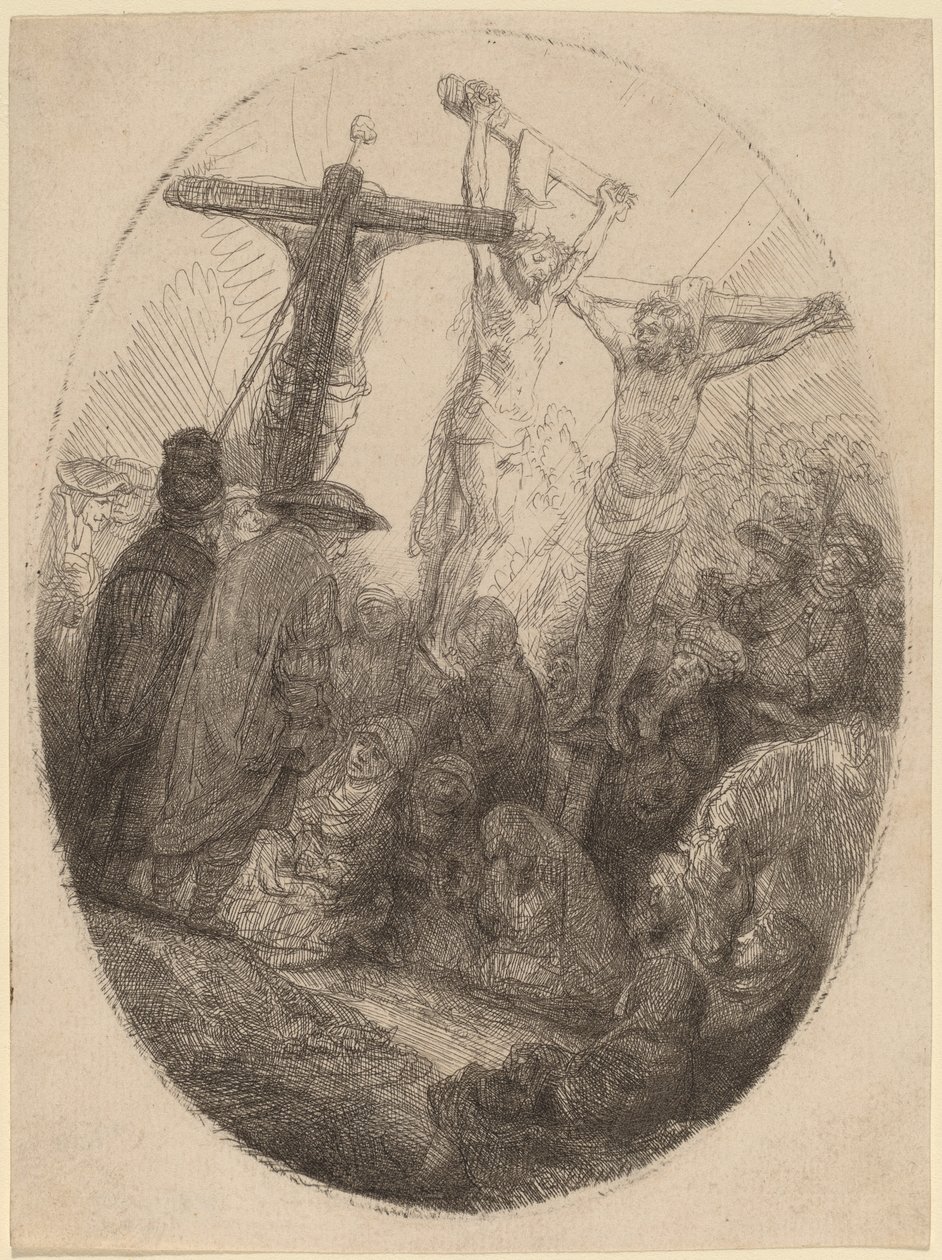 Kristus korsfestet mellom de to tyvene: en oval plate av Rembrandt van Rijn